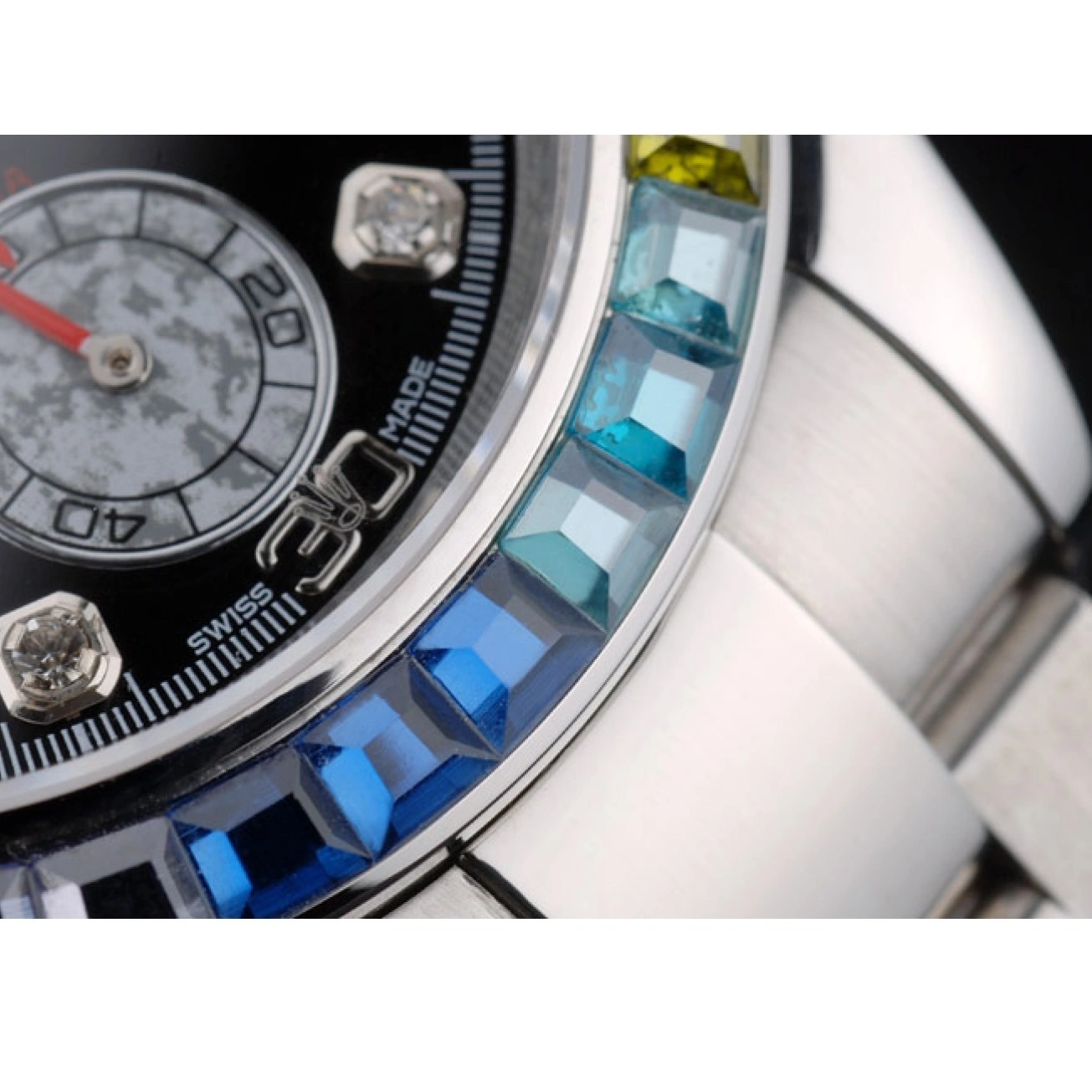 AAA replica watch Daytona Steep Dial Rolex Strap Rainbow Cosmograph 80250 Bezel Crystals Black Stainless 0604